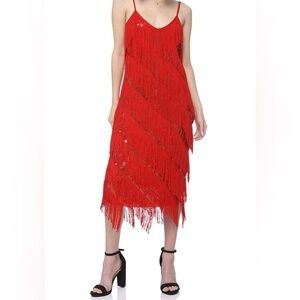 Anna-Kaci Chic Red Fringe and Sequins Midi Strappy Dress